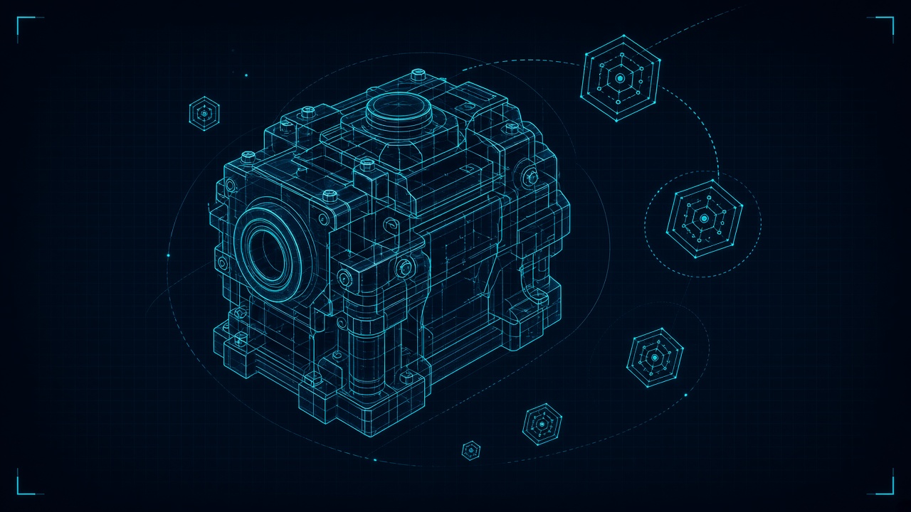 SOLIDWORKS AI cyan wireframe mechanical assembly