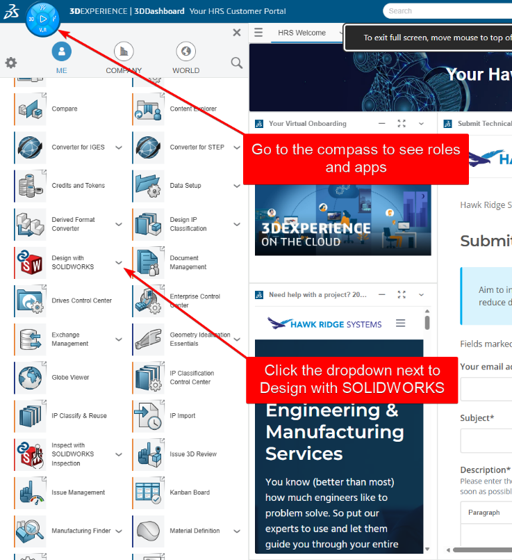 3DEXPERIENCE compass menu showing Design with SOLIDWORKS and SOLIDWORKS Design apps