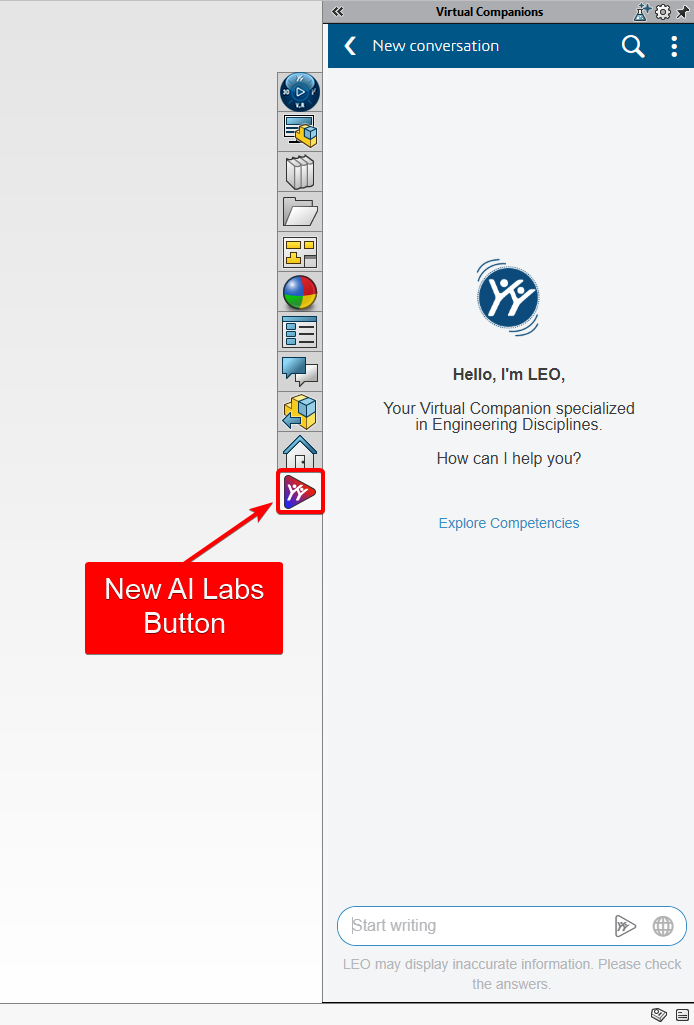 SOLIDWORKS task pane highlighting the red AI Labs play button