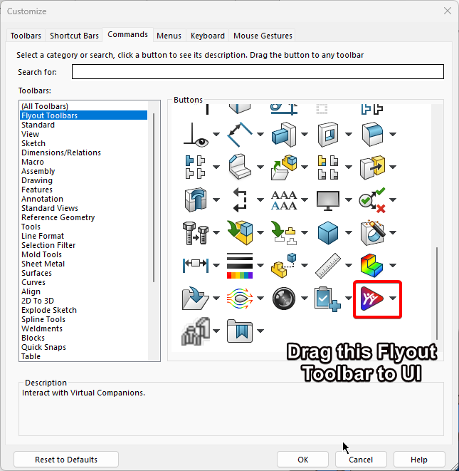 SOLIDWORKS Customize dialog with Virtual Assistant command