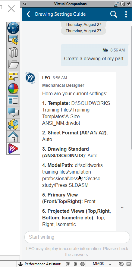 Leo preview prompt while creating a drawing from an assembly