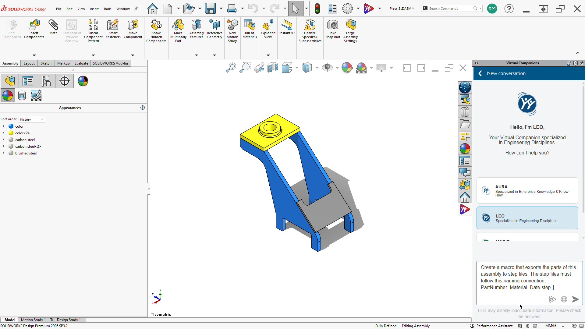 Leo chat generating a SOLIDWORKS VBA macro to export STEP files