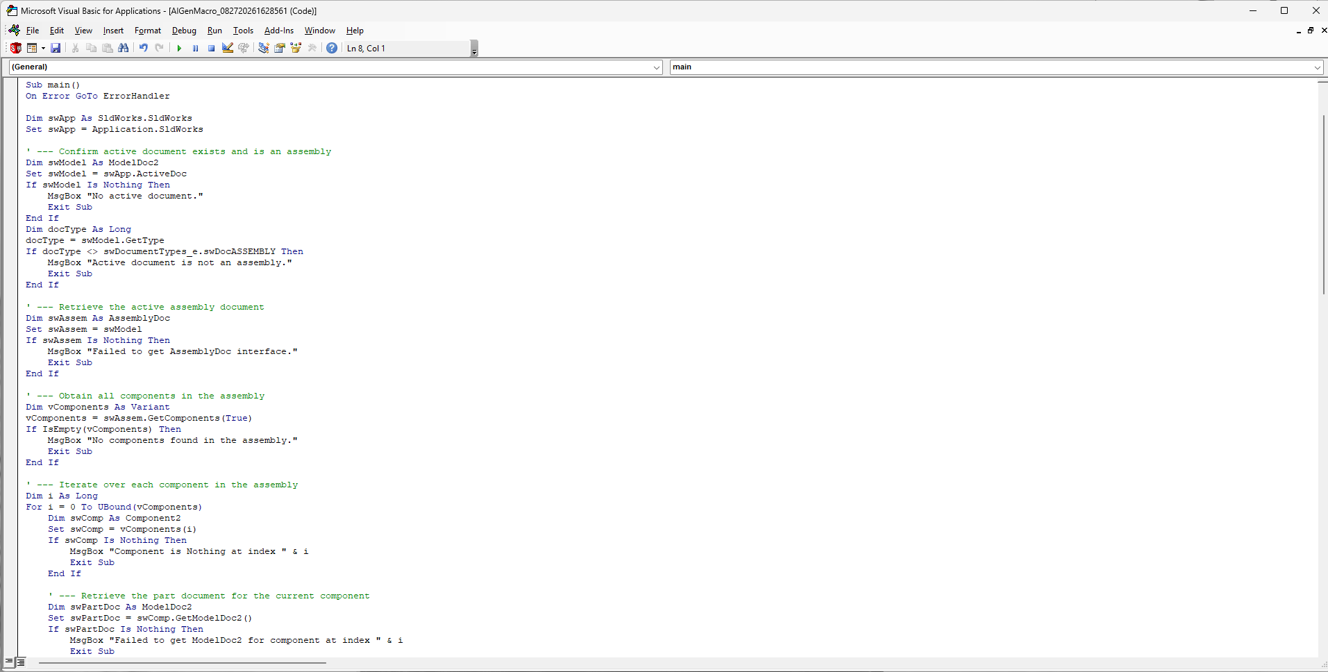 Macro editor showing Leo-generated STEP export code