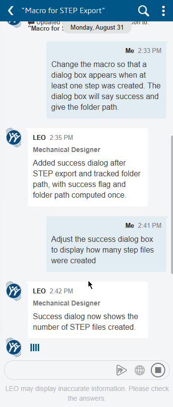 Dialog box reporting STEP files created by the macro