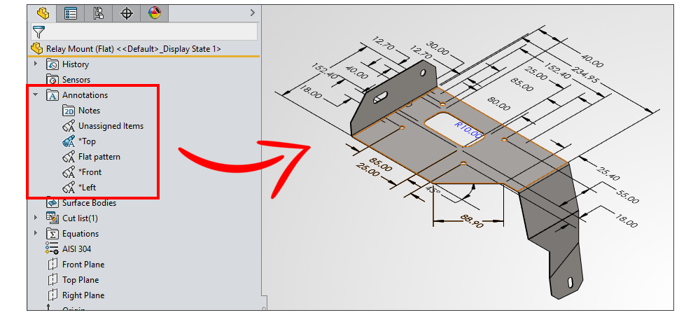 Annotation Views in the SOLIDWORKS FeatureManager tree organizing 3D dimensions on a sheet metal relay mount for drawing import