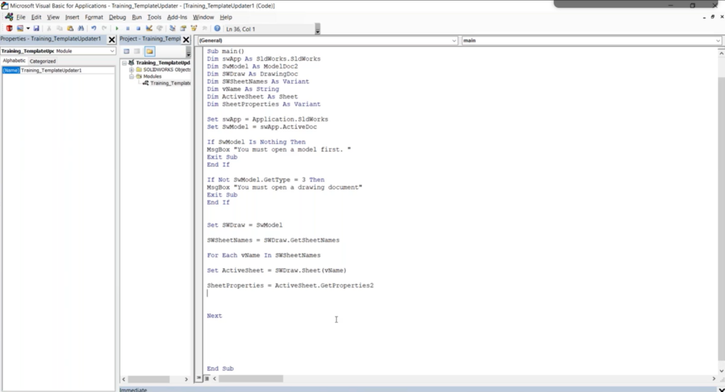 A SOLIDWORKS macro that reads drawing sheet properties in VBA editor