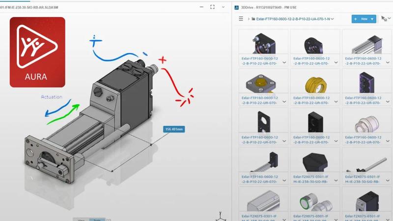 SOLIDWORKS AURA AI companion with an actuator assembly and component library