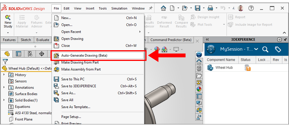 Auto-Generate Drawing (Beta) command in the SOLIDWORKS File menu, available with Cloud Services