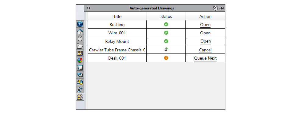 Auto-generated Drawings panel in SOLIDWORKS showing the batch drawing creation queue and status for multiple parts