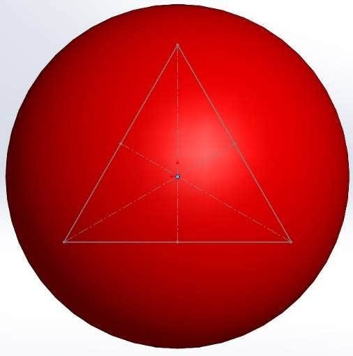 A SOLIDWORKS model showing a red reference sphere with an inscribed triangle used to construct the icosahedral faces of a 3D printed D20 die.