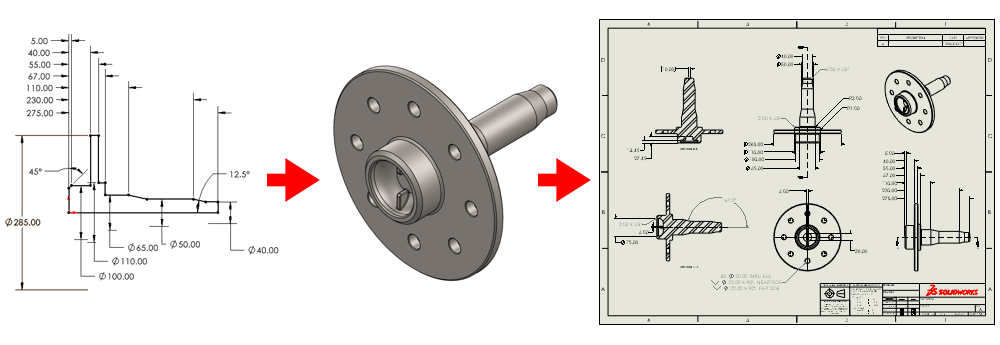 SOLIDWORKS automation workflow from dimensioned sketch to 3D wheel hub model to a finished 2D manufacturing drawing
