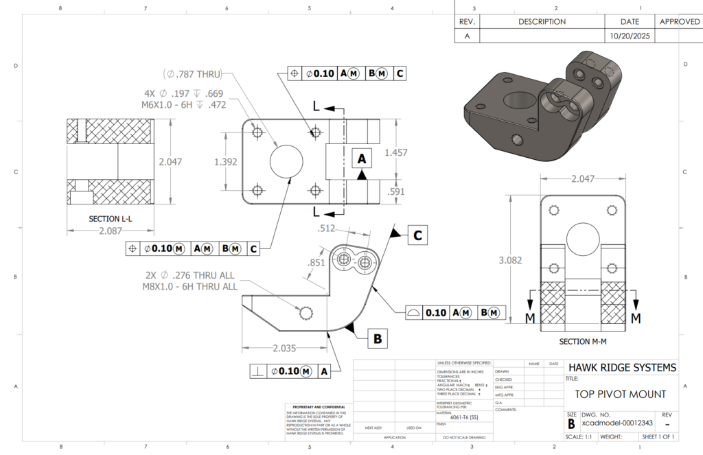 SOLIDWORKS 2D drawing of a pivot mount