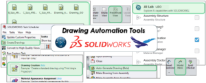 SOLIDWORKS drawing automation tools, including Task Scheduler, Predefined View, Auto-Generate Drawing (Beta), Model Items, and the LEO AI assistant