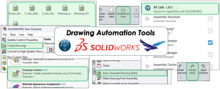 SOLIDWORKS drawing automation tools, including Task Scheduler, Predefined View, Auto-Generate Drawing (Beta), Model Items, and the LEO AI assistant
