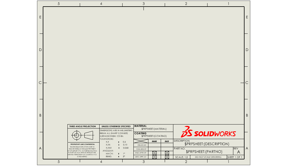 SOLIDWORKS drawing template and sheet format with a pre-configured title block, standard tolerances, and linked custom properties