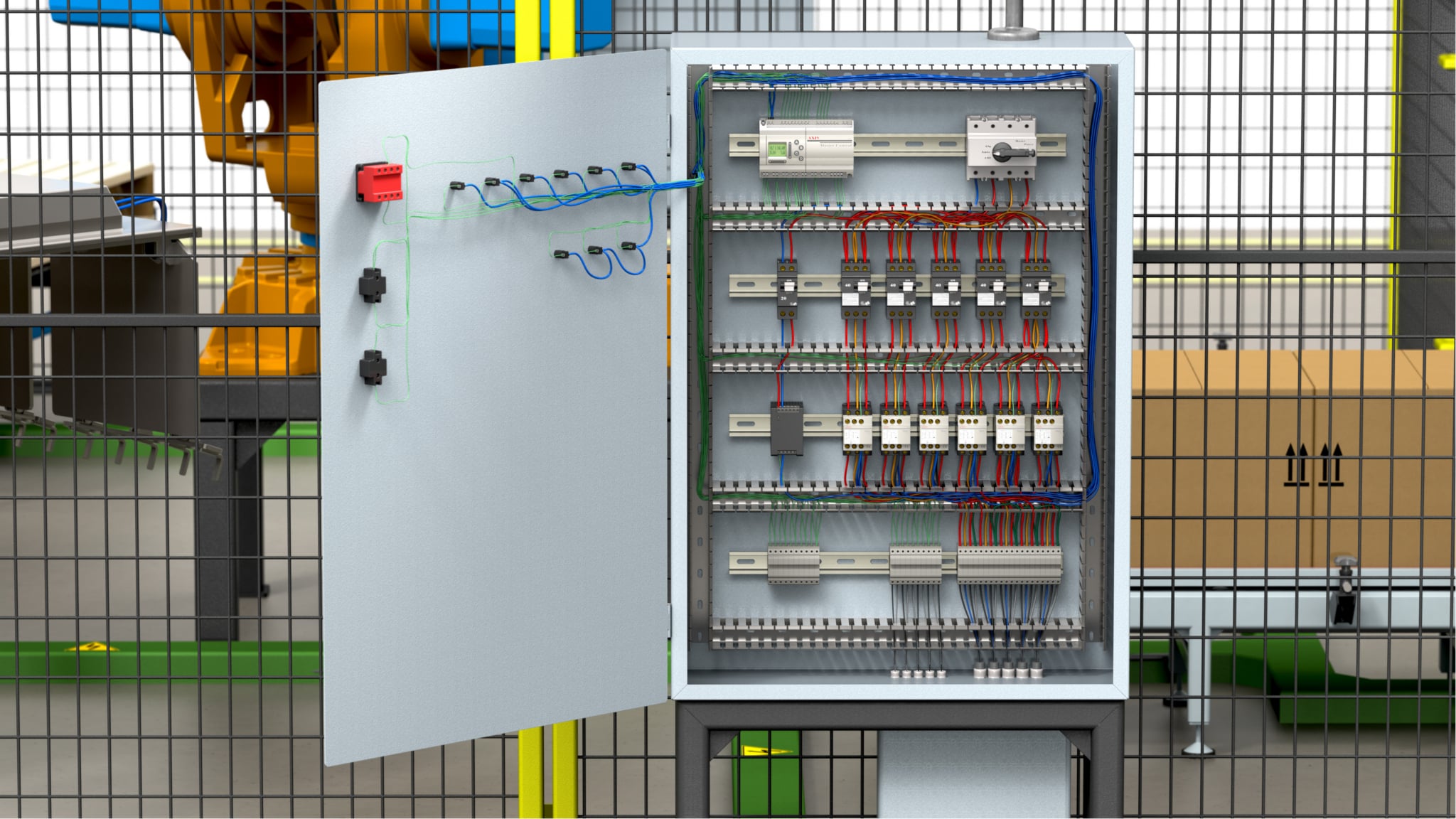 Industrial electrical control cabinet with wired terminals and DIN-rail components modeled in SOLIDWORKS Electrical 3D