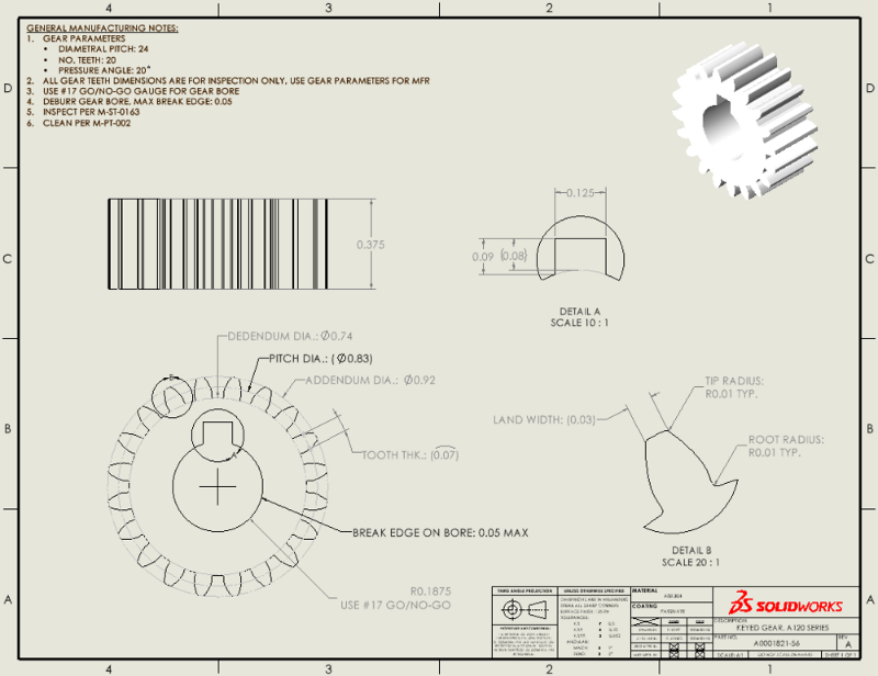Fully detailed SOLIDWORKS engineering drawing of a keyed gear with manufacturing notes, GD&T, and detail views