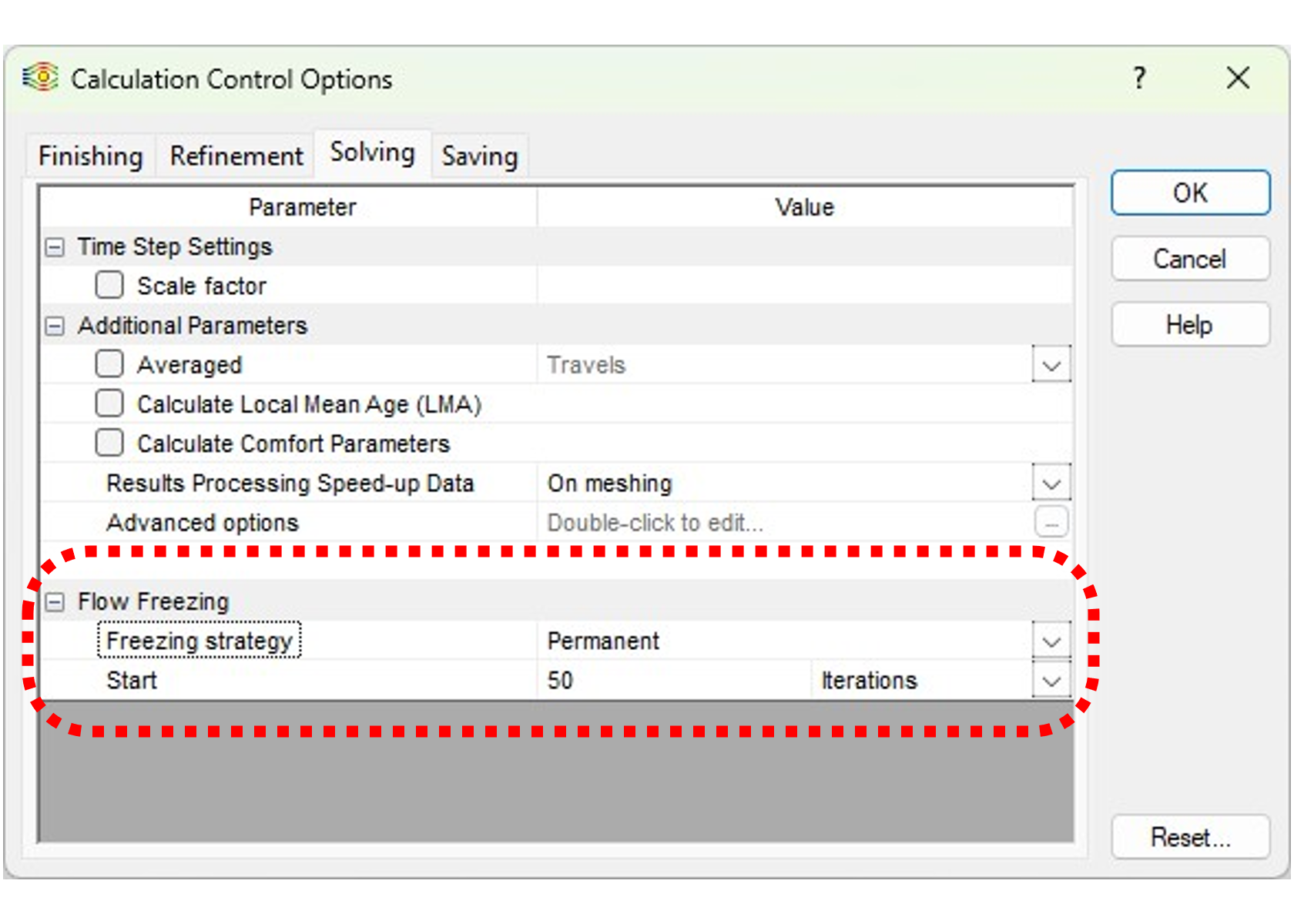 SOLIDWORKS Flow Simulation Calculation Control Options dialog on the Solving tab, with the Flow Freezing strategy set to Permanent starting at 50 iterations.