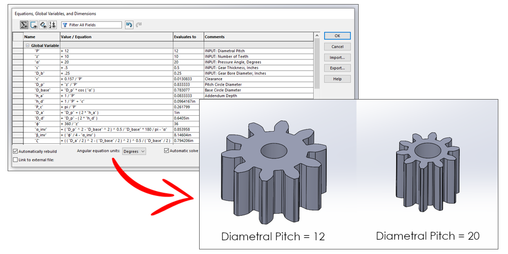 Consistent diametral pitches of spur gears using global variables and equations