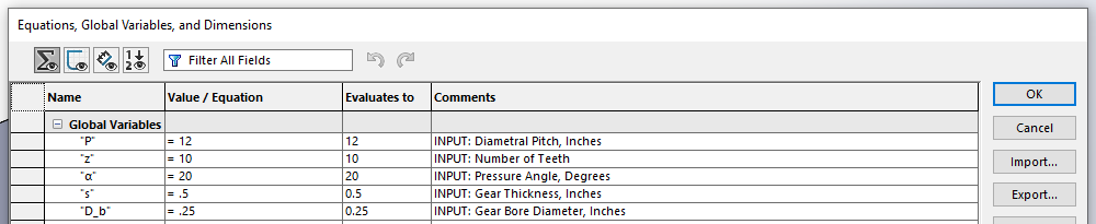 Equations, Global Variables, and Dimensions menu in SOLIDWORKS