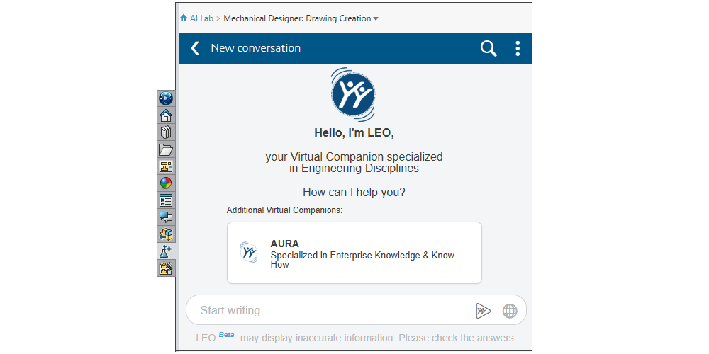 LEO AI virtual companion for engineering in the SOLIDWORKS Task Pane, accessed through a Cloud Services tenant
