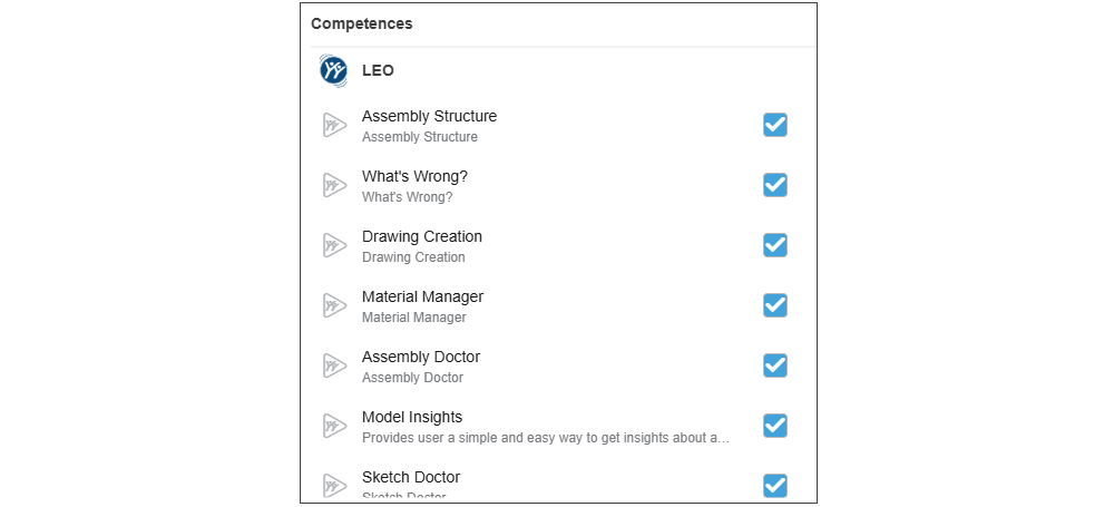 LEO AI assistant competences in SOLIDWORKS, including Drawing Creation, Assembly Structure, Material Manager, and Model Insights