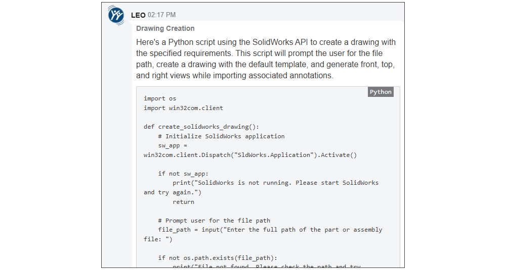LEO AI assistant generating a Python script that uses the SOLIDWORKS API to create a drawing with front, top, and right views