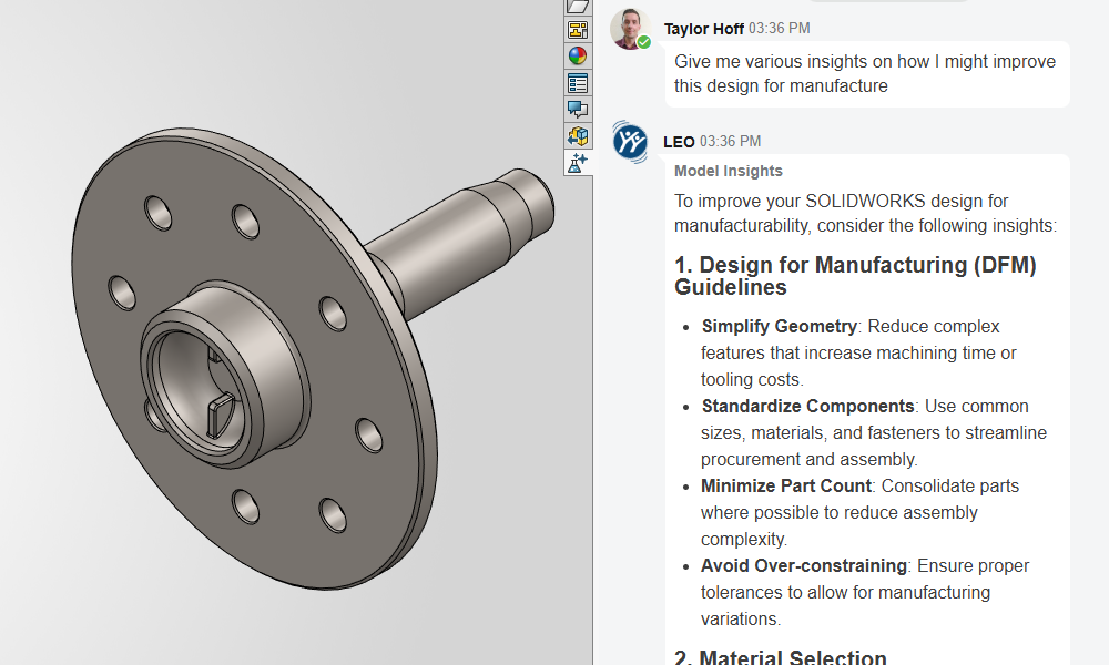 Using LEO AI to improve SOLIDWORKS design for manufacture