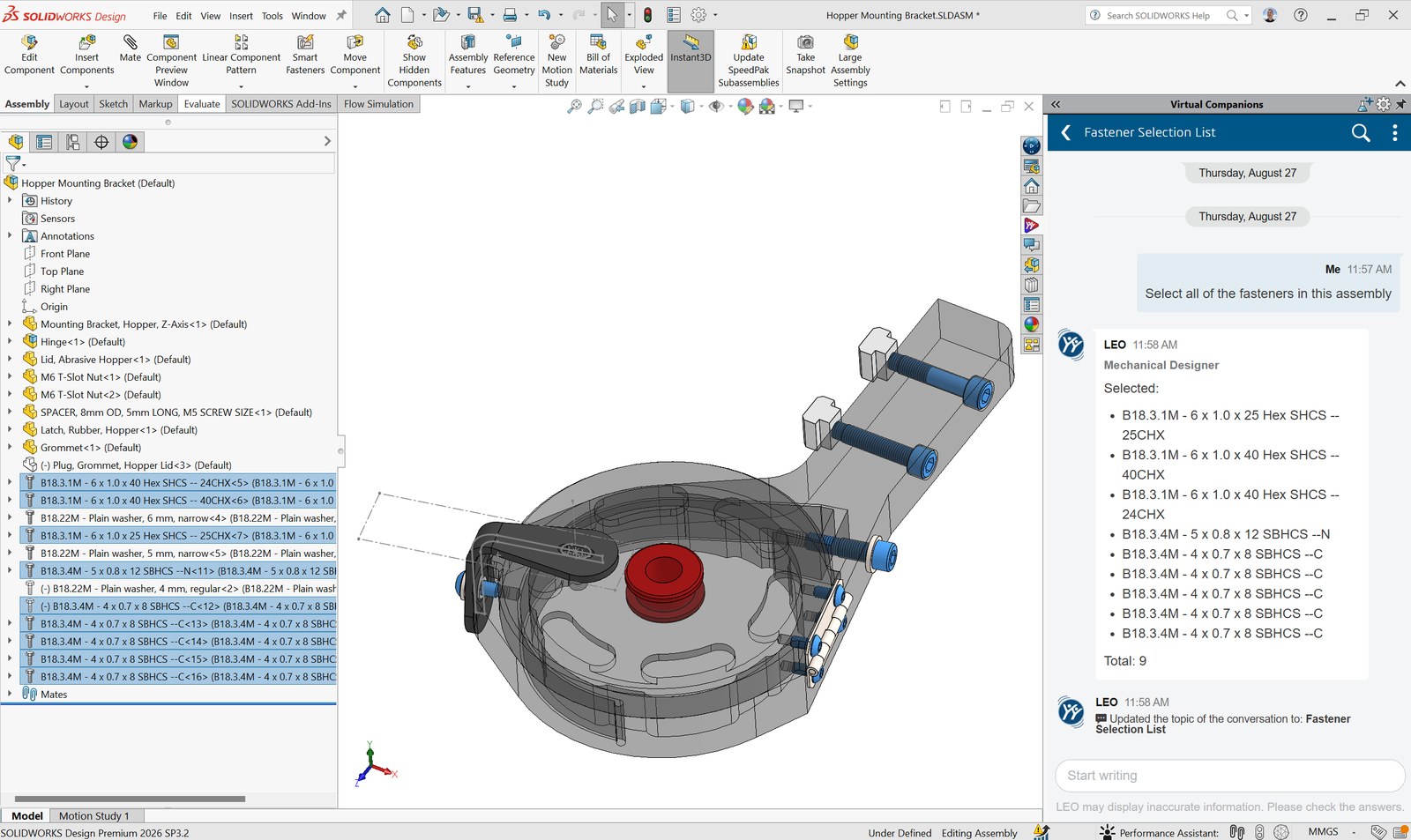The SOLIDWORKS LEO AI assistant selecting every fastener in a hopper mounting bracket assembly from a single prompt