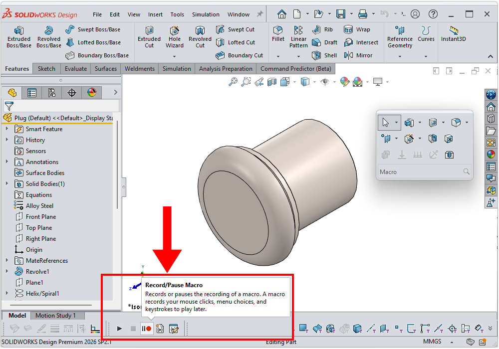Macro recorder feature in SOLIDWORKS