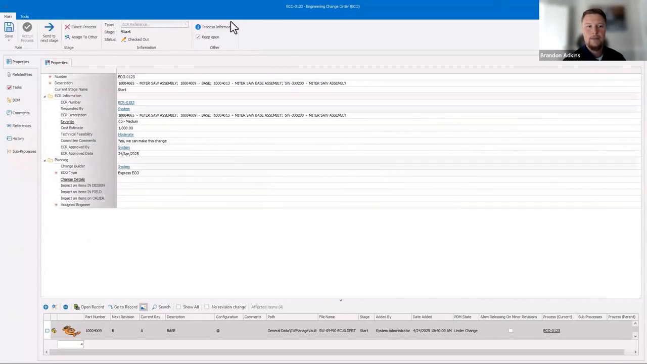 SOLIDWORKS Manage ECO-0123 showing linked ECR, affected BASE part revision A to B, and workflow actions