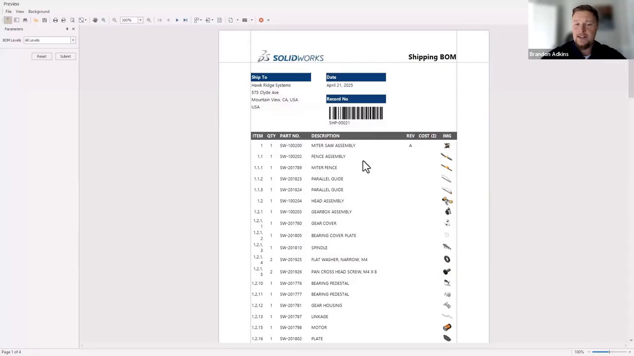 SOLIDWORKS Manage Shipping BOM SHP-00021 preview listing hierarchical part numbers, quantities, revisions, and thumbnails