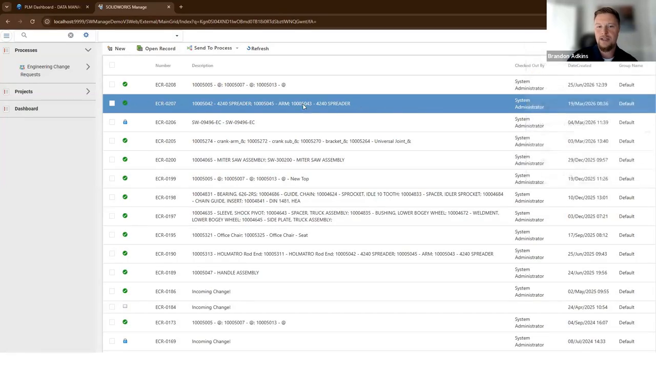 Browser-based SOLIDWORKS Manage Processes view listing Engineering Change Requests with status and Send To Process actions