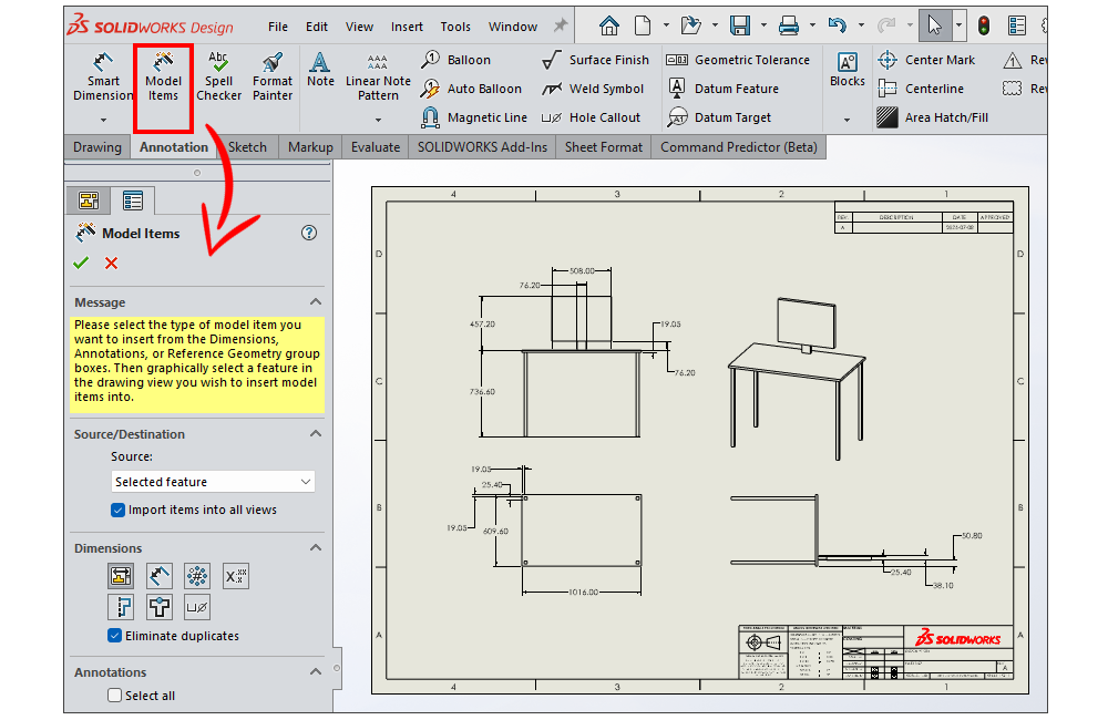 Model Items tool in SOLIDWORKS automatically importing model dimensions and annotations into drawing views
