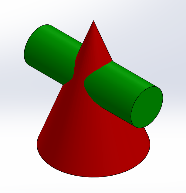 The starting part has two bodies: the green cylinder and red cone.