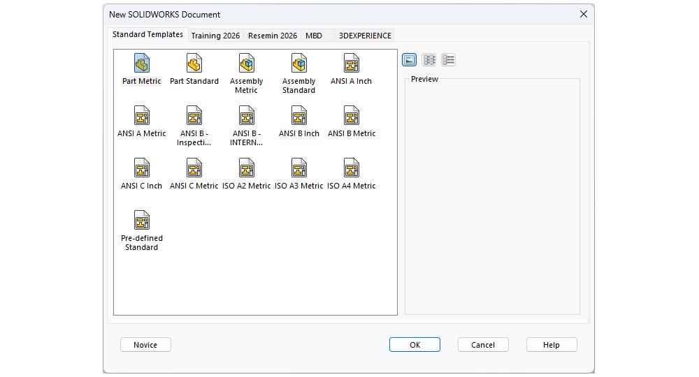 New SOLIDWORKS Document dialog showing custom part, assembly, and drawing templates in ANSI and ISO sheet sizes