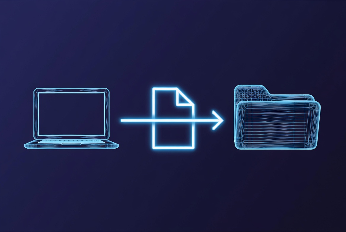 Blue technical line art illustration featuring a wireframe robotic arm, laptop, document file transfer to a folder, and vault background. Visual for SOLIDWORKS PDM 2026 Transfer Ownership. Generated with Grok Imagine using Hawk Ridge Systems visual direction and art style.