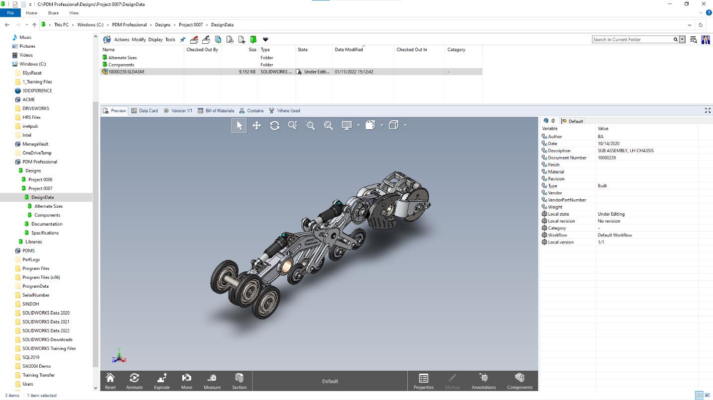 SOLIDWORKS PDM vault open in Windows Explorer showing a vehicle-chassis assembly preview and its data card