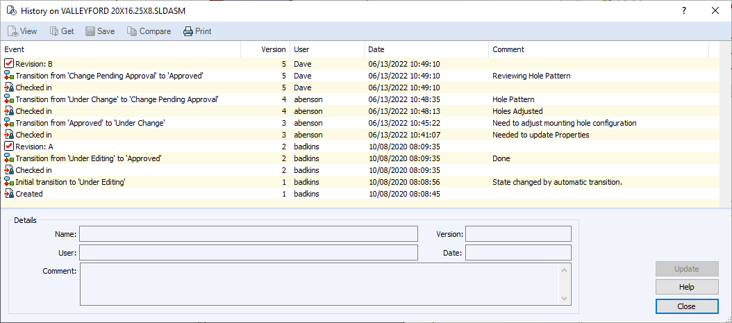 SOLIDWORKS PDM version-history dialog listing revisions, users, dates, and comments for an assembly file