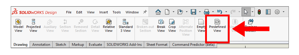 Predefined View command highlighted on the SOLIDWORKS Drawing CommandManager toolbar