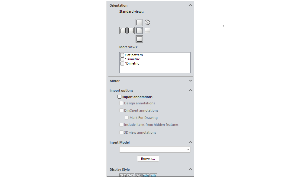 Predefined View PropertyManager in SOLIDWORKS with view orientation, import annotations, and display style options