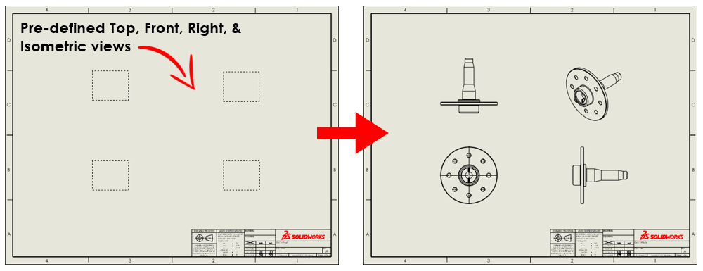 Predefined view placeholders in a SOLIDWORKS drawing template automatically populating with front, top, right, and isometric views of a wheel hub