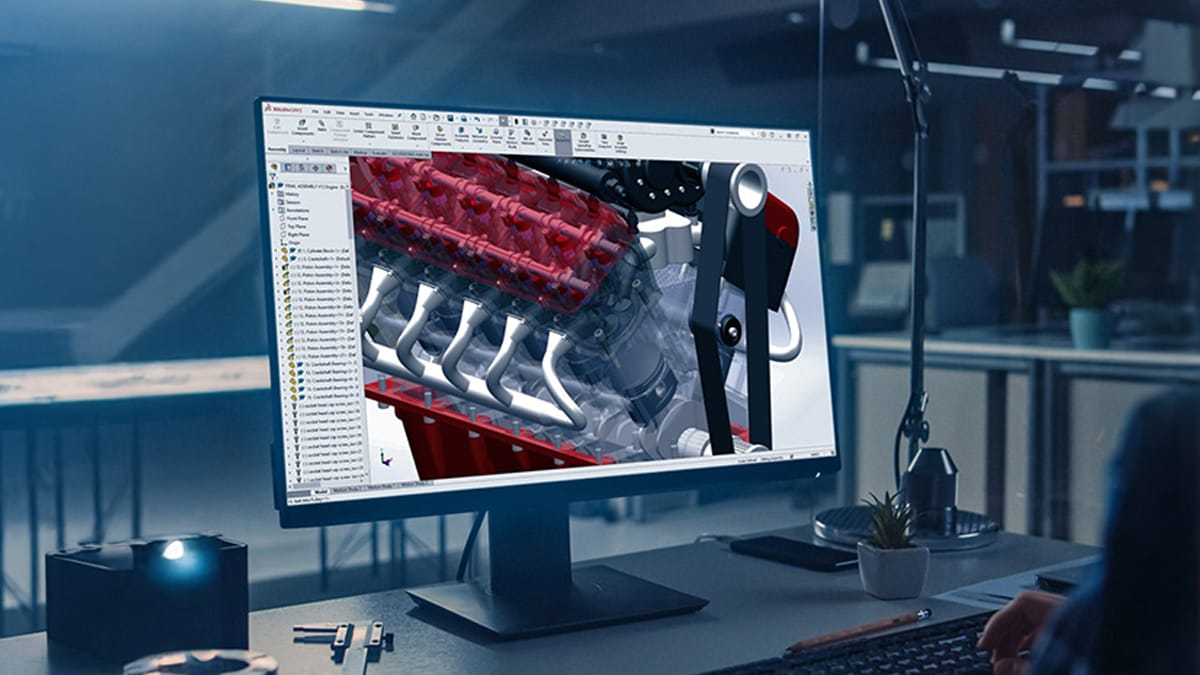 internal combustion Engine Assembly design in SOLIDWORKS running on a CAD workstation