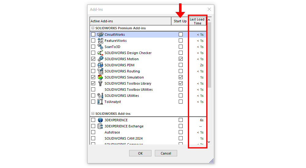 SOLIDWORKS add-ins settings on startup