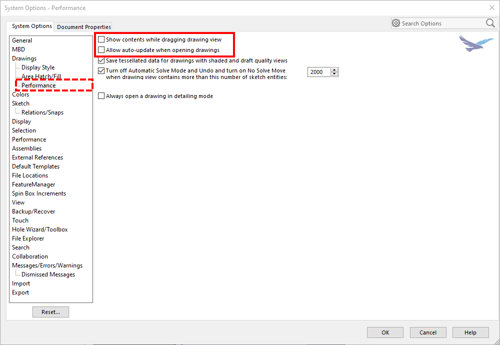 Drawings performance settings in SOLIDWORKS