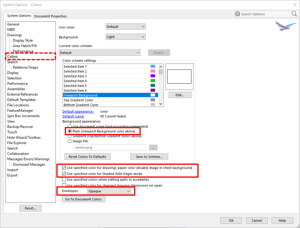 Color settings for enhanced performance in SOLIDWORKS