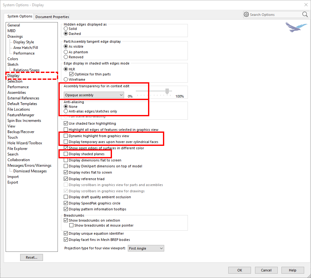 Display settings in system options in SOLIDWORKS