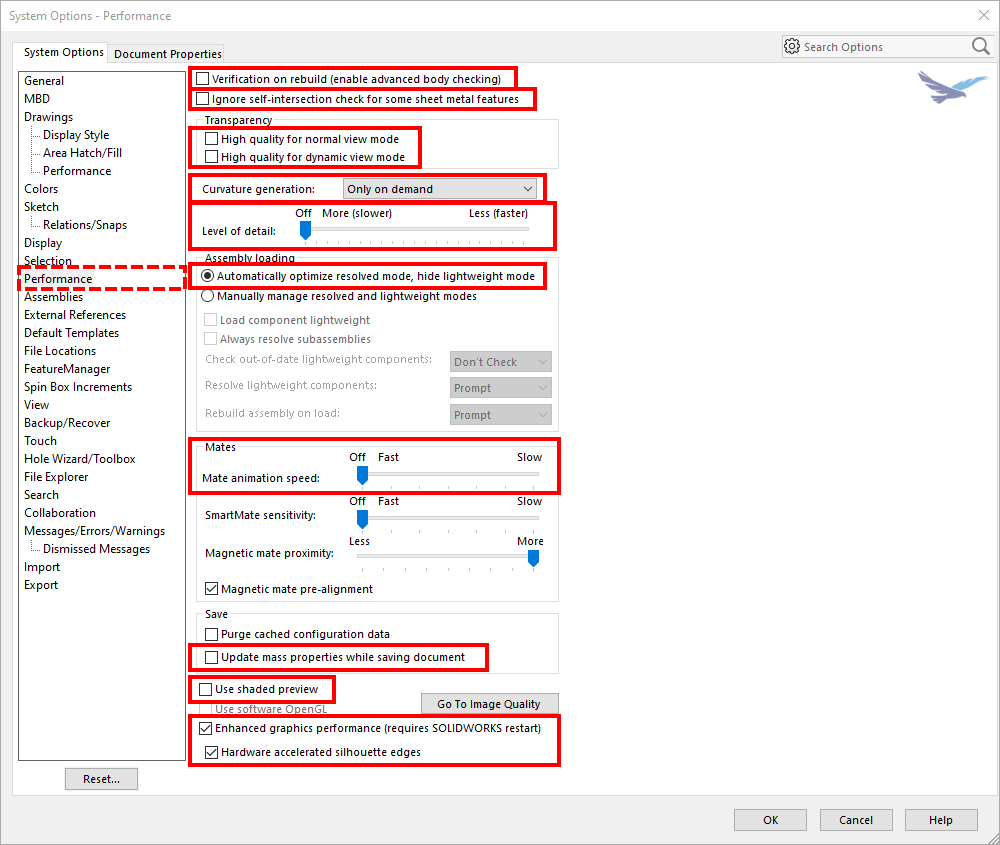 Performance settings in system options in SOLIDWORKS