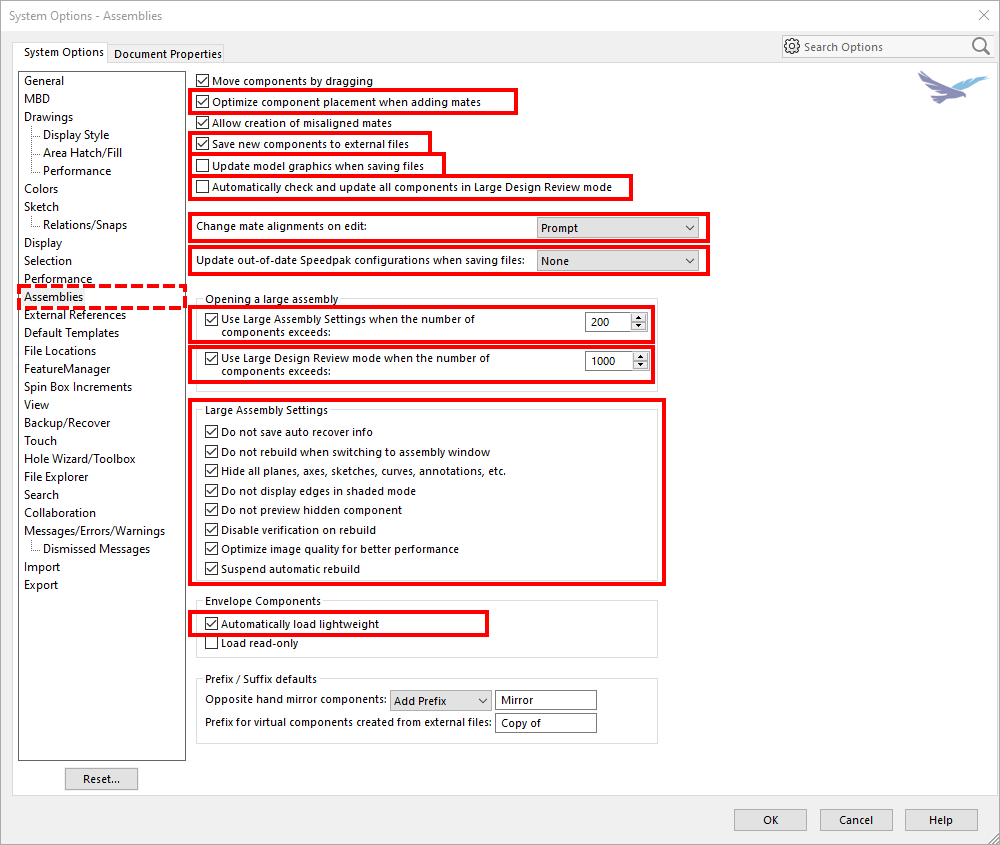 Assemblies settings in system options in SOLIDWORKS