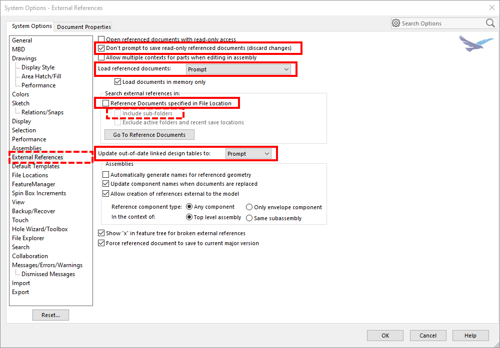 External references system options in SOLIDWORKS